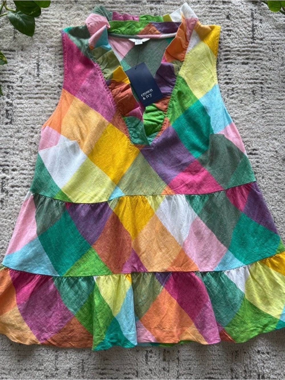 crown & ivy Multi-Color Diamond Print Tiered Top with ruffle.
